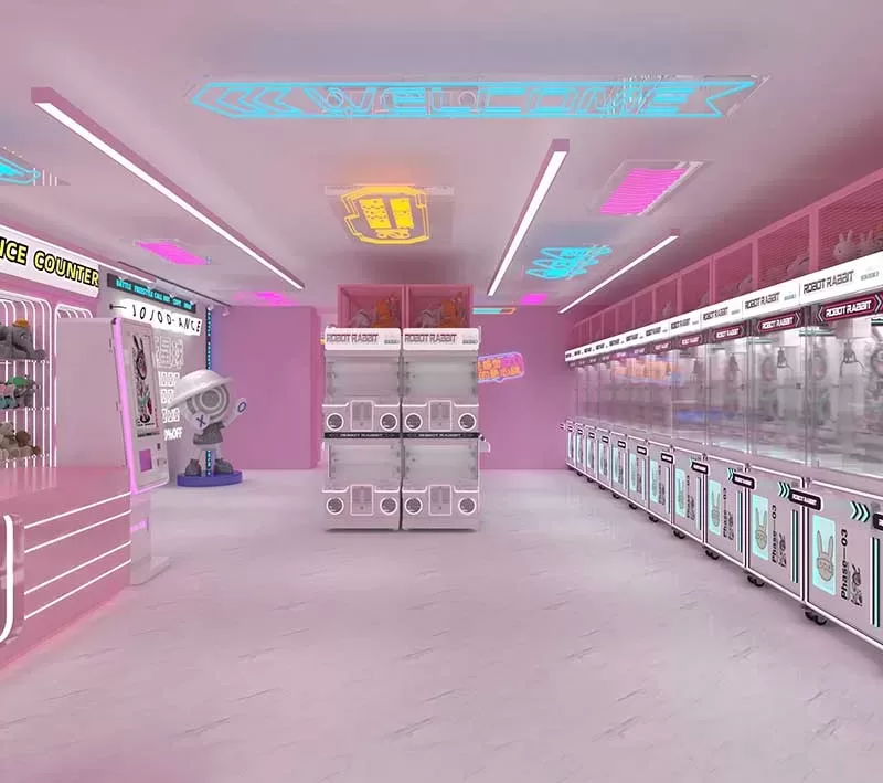 Dual-Entrance Claw Machine Store Design | 120㎡ Pink-Themed Arcade Project